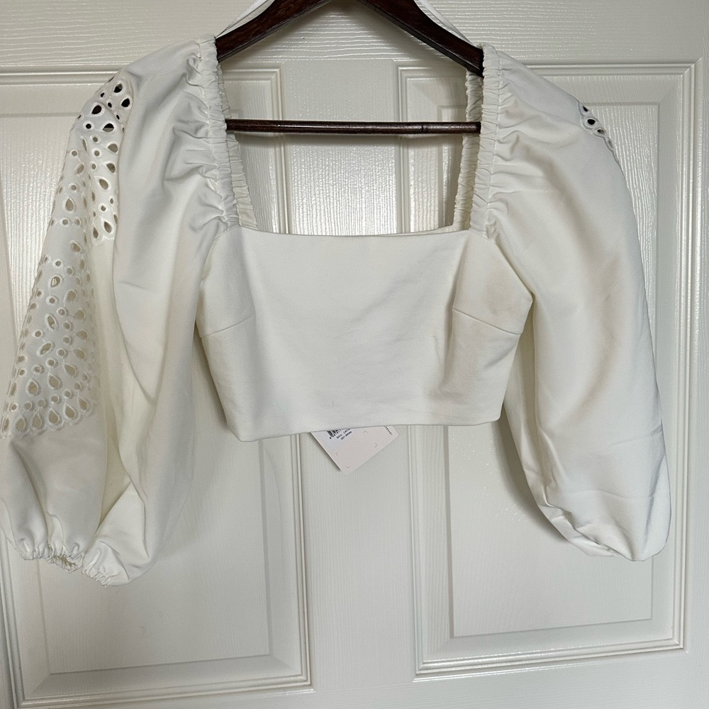 LOVE BONITO White Cropped Blouse with Puff Sleeves and Square Neckline